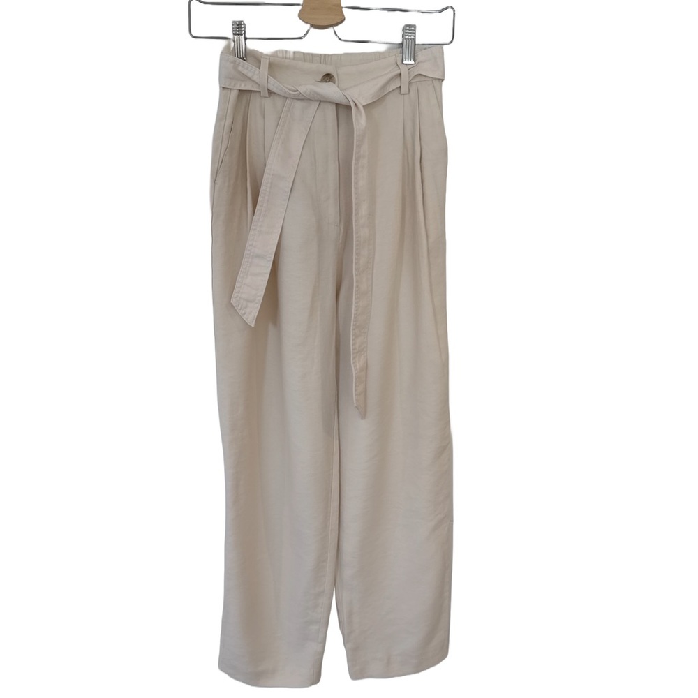 H&M Paperbag Pants 2 Off-White High Waist‎ Belted Viscose Blend Trousers Neutral